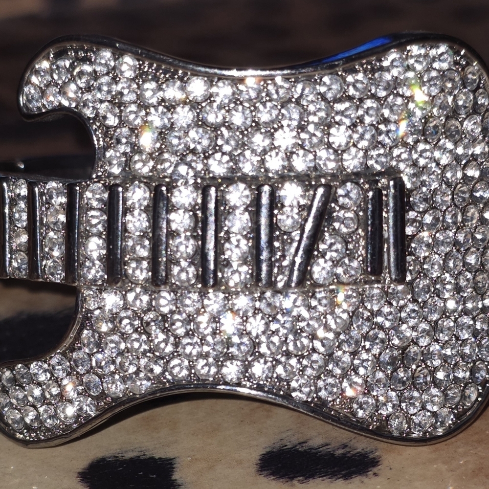 📣 Guitar🎸 Bling Wide Rhinestone Clamp Bangle Bracelet 🤘 FASHION Silvertone 😎